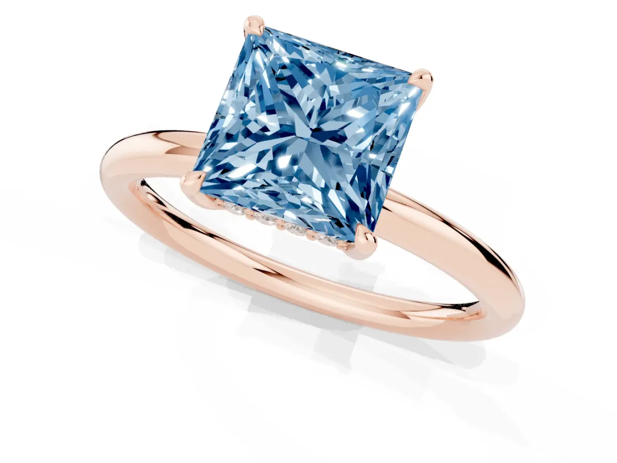 Fancy Blue Princess Cut Diamond Solitaire Ring with Thin Band and Four-Prong Setting Rose gold