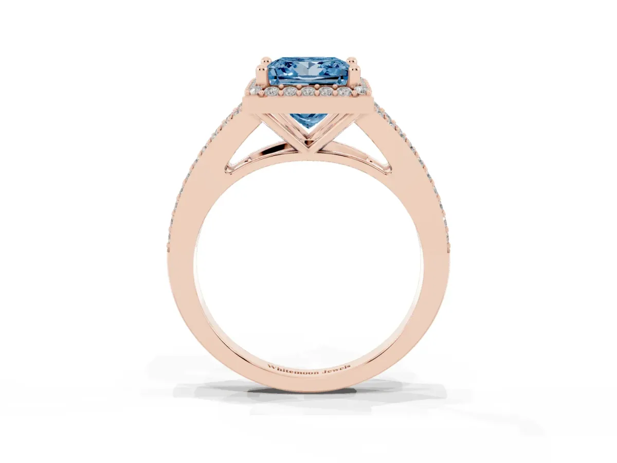 Fancy Blue Princess Cut Halo Split Shank Diamond Ring with Prong Setting Rose gold