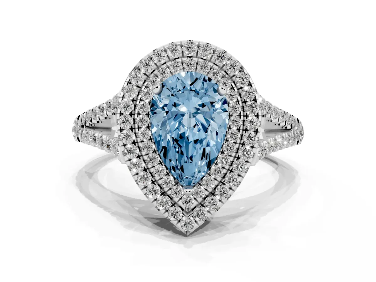 Fancy Blue Pear Cut Diamond Double Halo Ring with Pavé Band and Prong Setting Silver