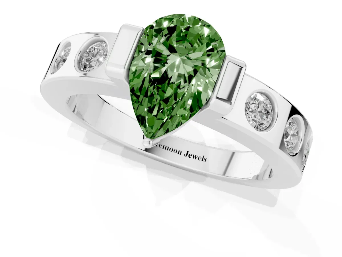 Fancy Green Pear Cut Brilliant Channel-Set Diamond Ring with Bezel Prong Setting Platinum