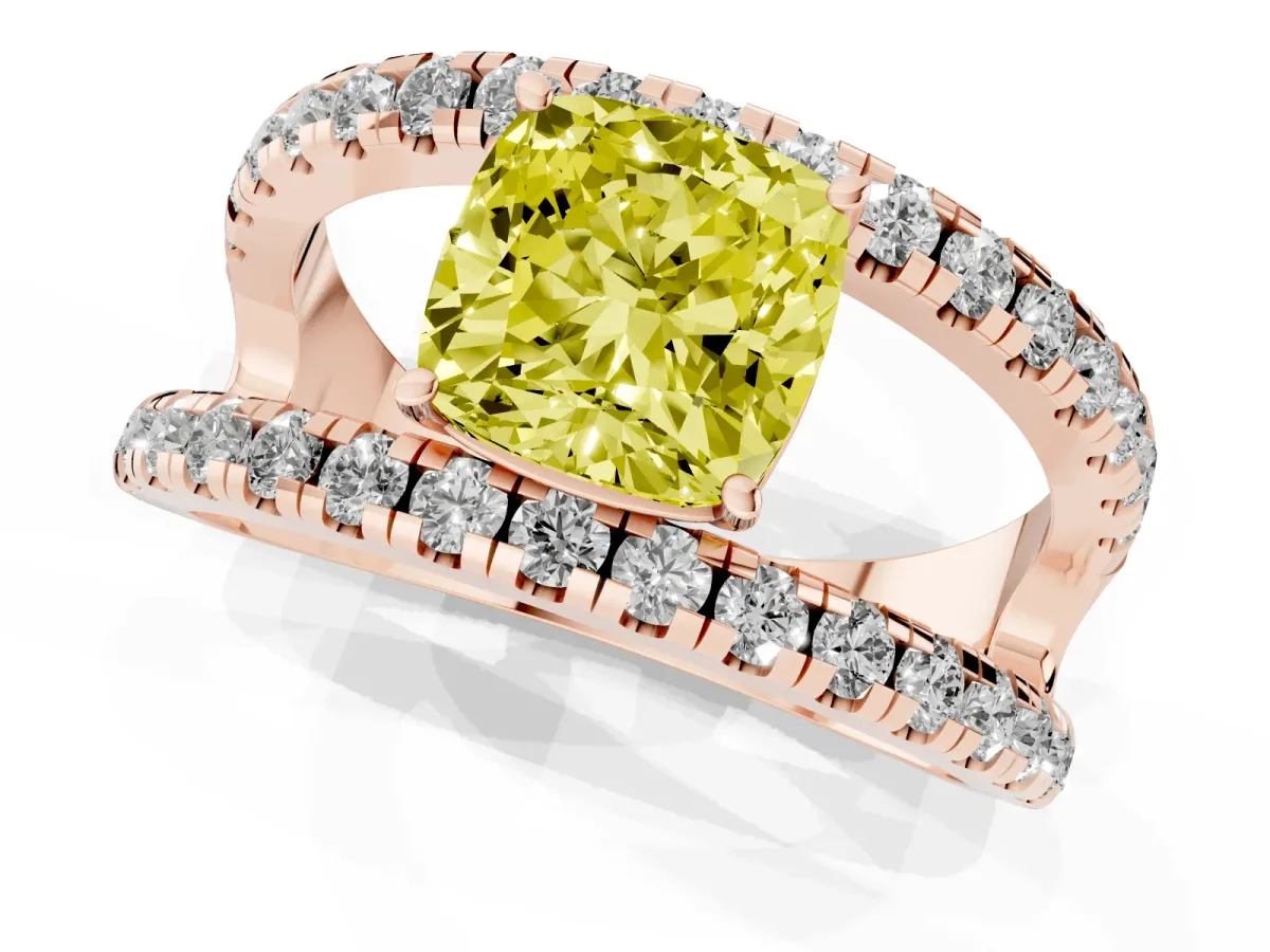 Fancy Yellow Cushion Cut Solitaire Split Shank Pave Diamond Ring Rose gold