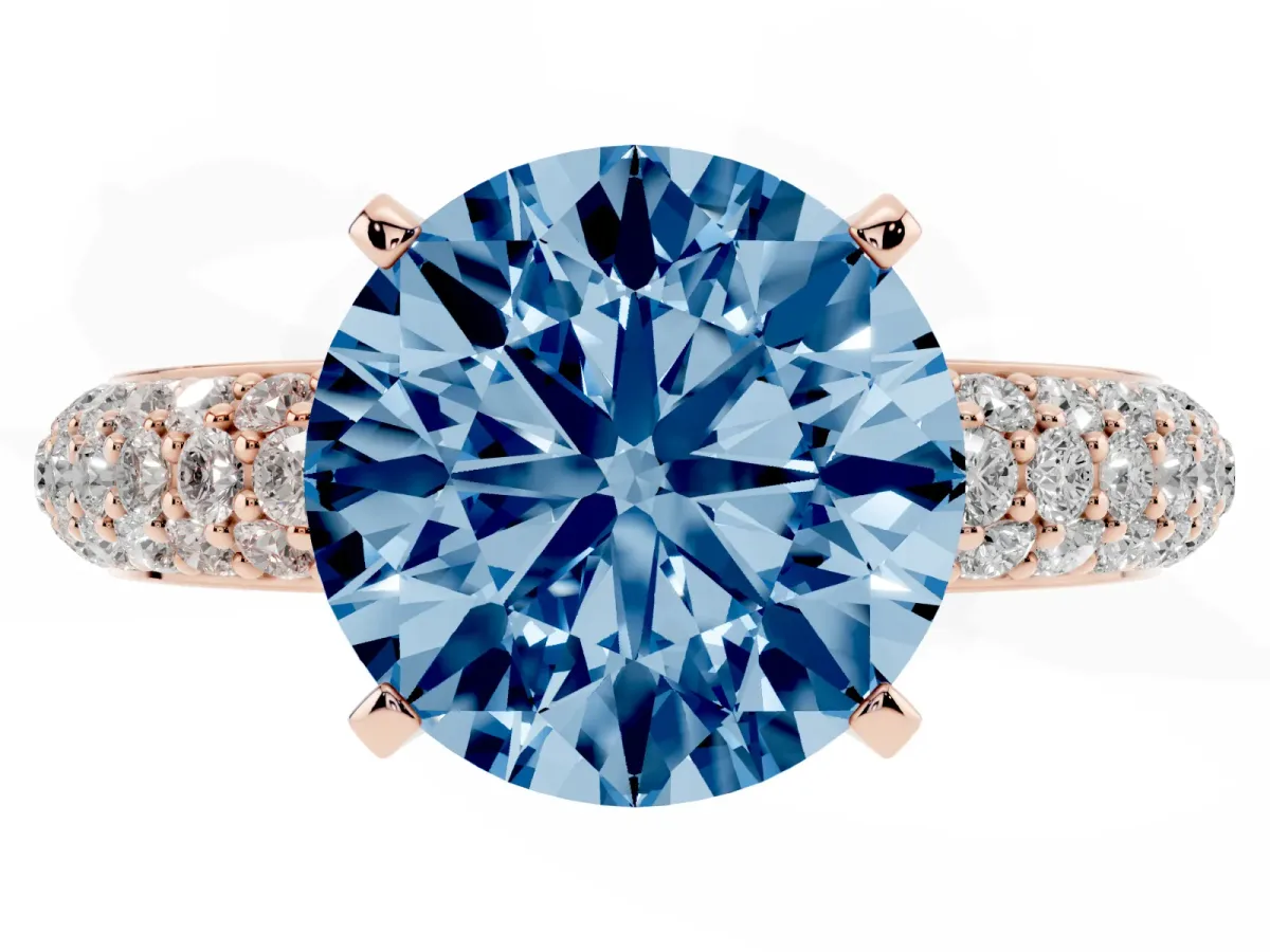 Fancy Blue Round Cut Diamond Solitaire Ring with Prong Setting and Pavé Band Rose gold