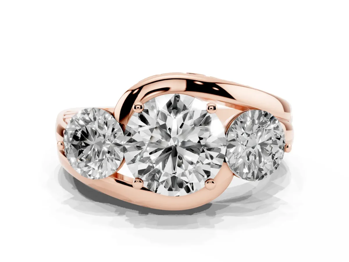 Three-Stone Round Cut Brilliant Split Shank Prong Set Ring Rose gold