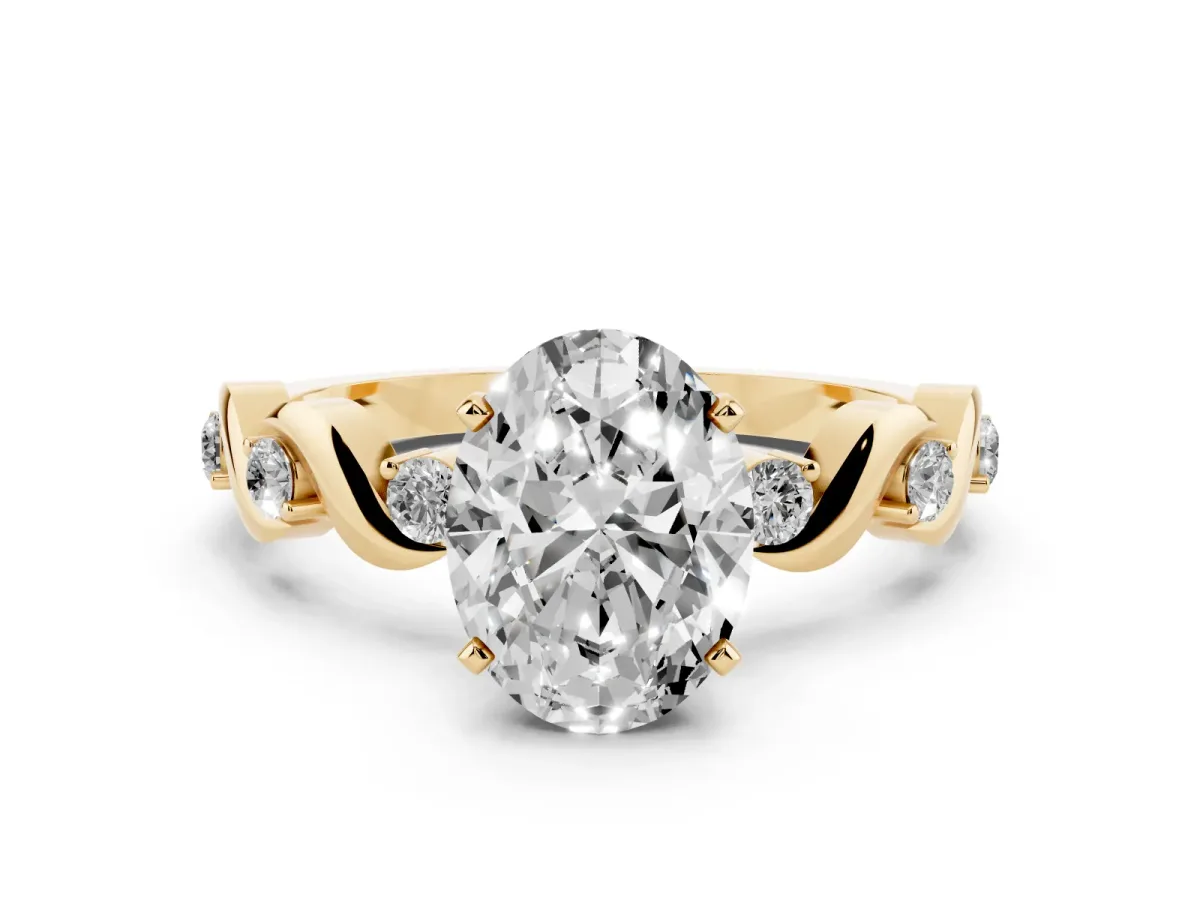 Oval Cut Diamond Solitaire Twisted Band with Round Accents and Prong Setting Yellow gold