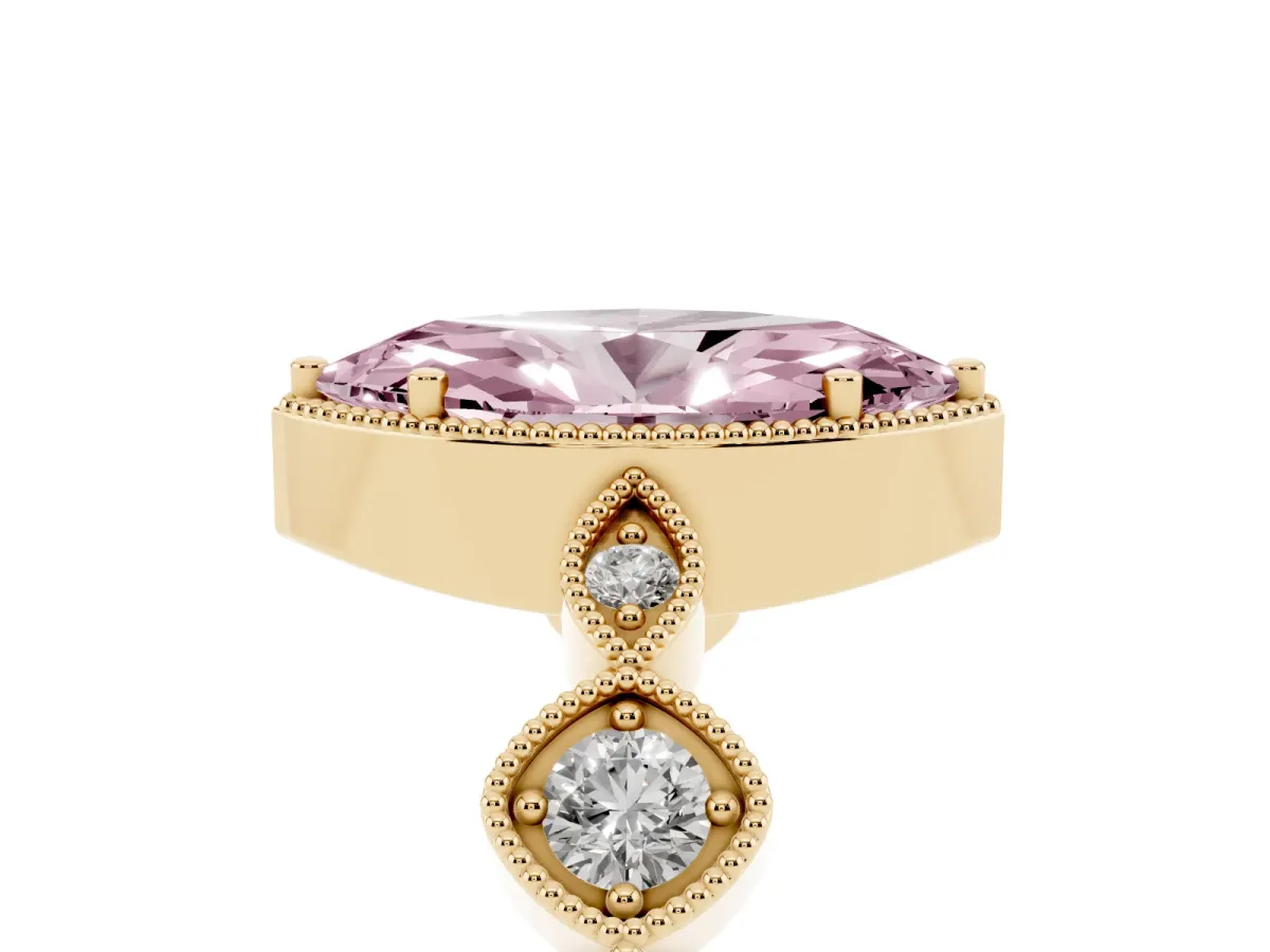 Fancy Pink Marquise Cut Diamond Vintage Milgrain Ring with Round Stations Yellow gold