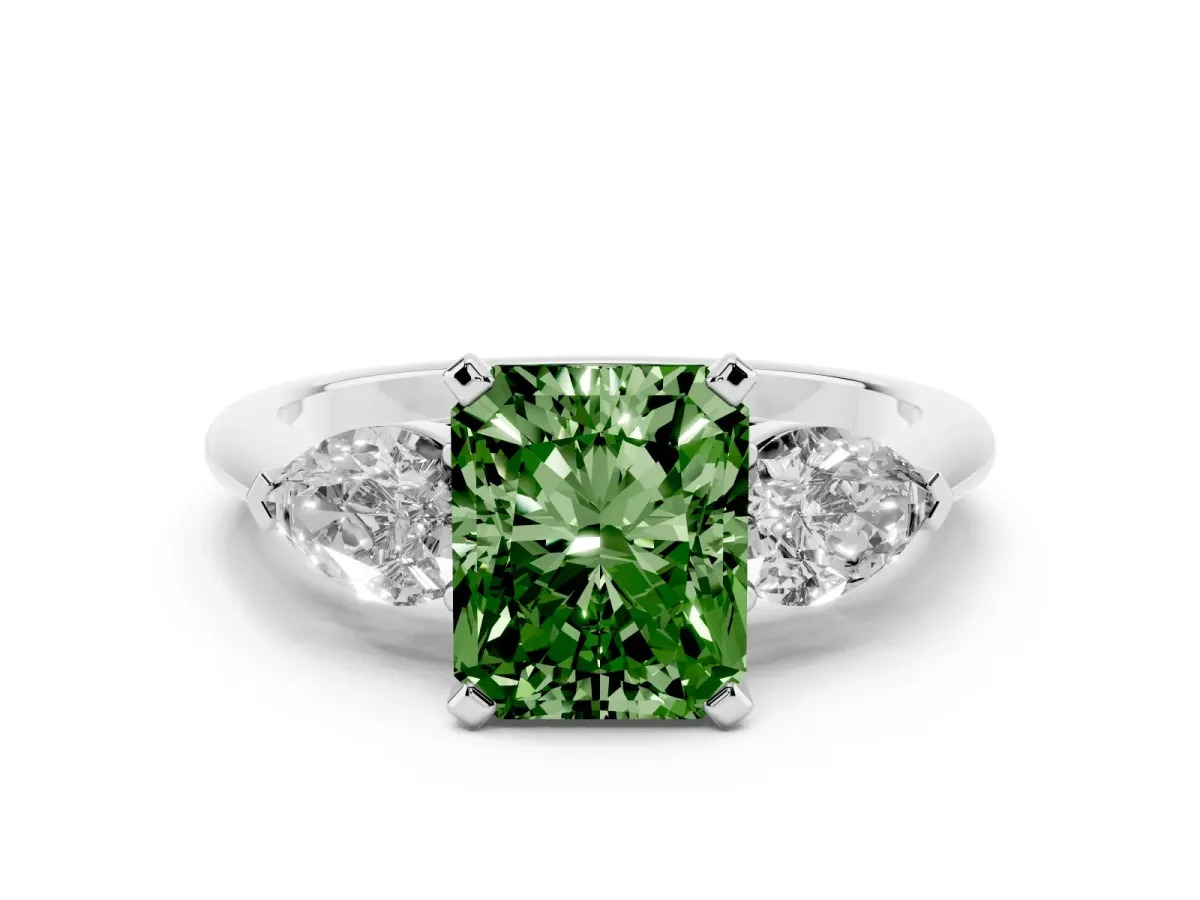 Fancy Green Three-Stone Radiant Cut Diamond Ring with Pear Side Stones and Four-Prong Setting Silver