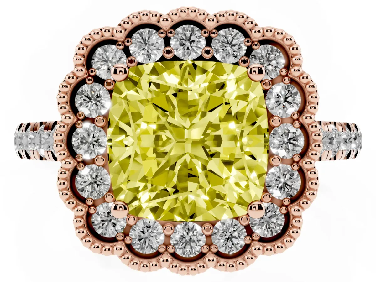 Fancy Yellow Cushion Cut Cut Diamond Milgrain Floral Halo Engagement Ring with Pavé Band Rose gold
