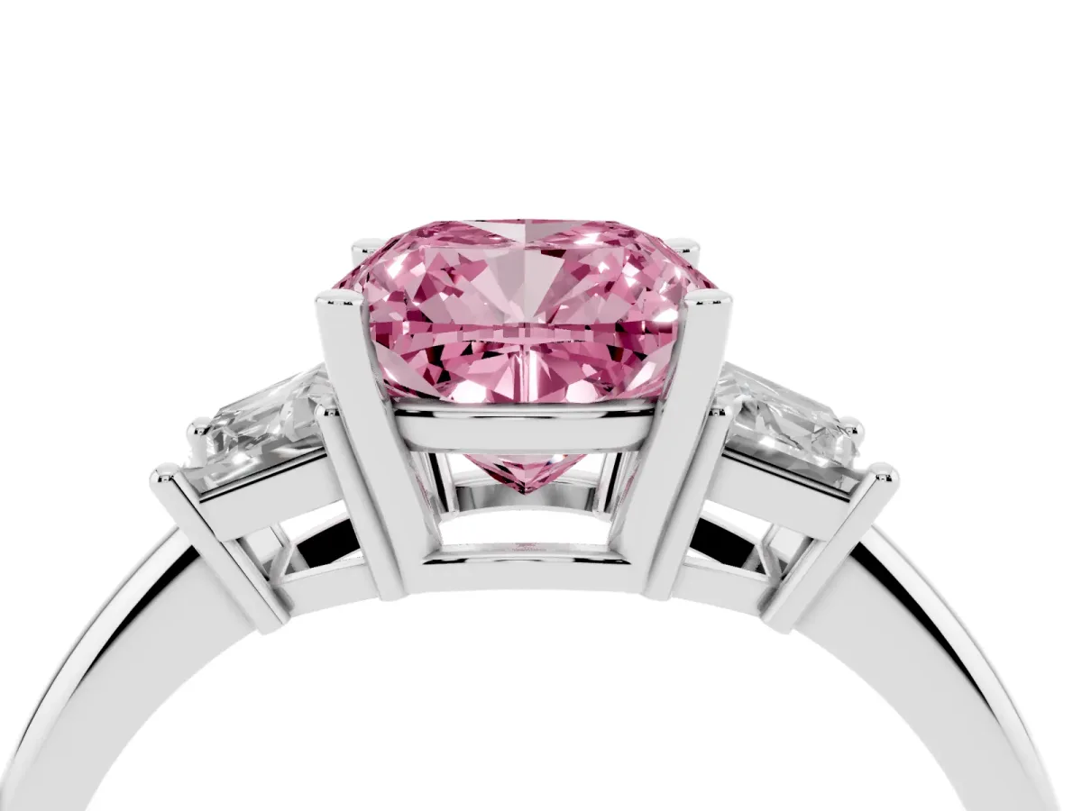 Fancy Pink Cushion Cut Diamond Three-Stone Ring with Trapezoid Side Stones and Prong Setting Platinum