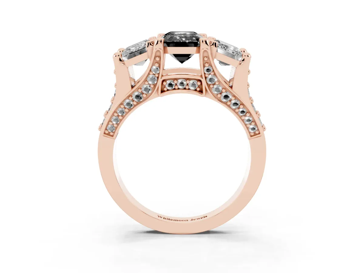 Fancy Black Emerald Cut Diamond Three-Stone Ring with Channel Set Band and Four-Prong Setting Rose gold