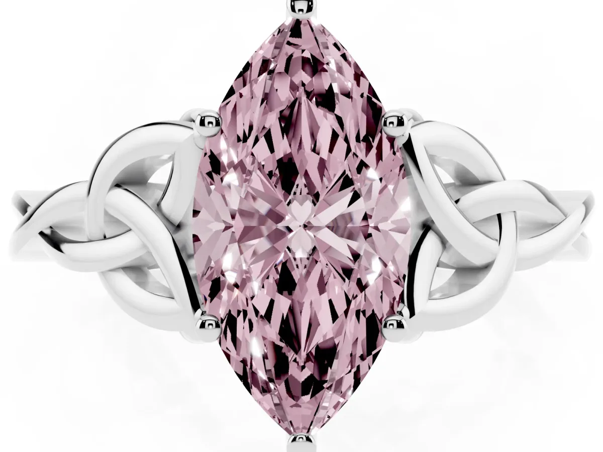Fancy Pink Marquise Cut Diamond Solitaire Engagement Ring with Celtic Knot Band and Four-Prong Setting White gold