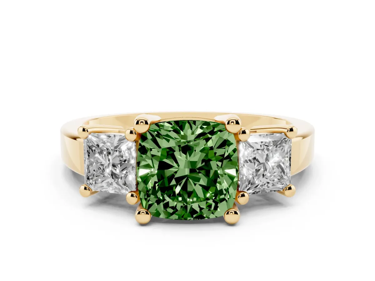 Fancy Green Three-Stone Cushion Cut Cut Solitaire Ring with Prong Setting Yellow gold