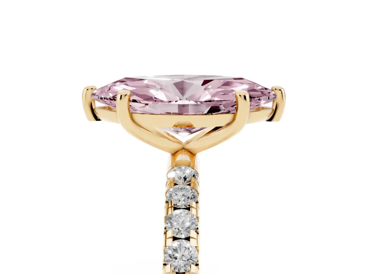 Fancy Pink Marquise Cut Cut Diamond Solitaire Ring with Micro Pave Band and Four Prong Setting Yellow gold