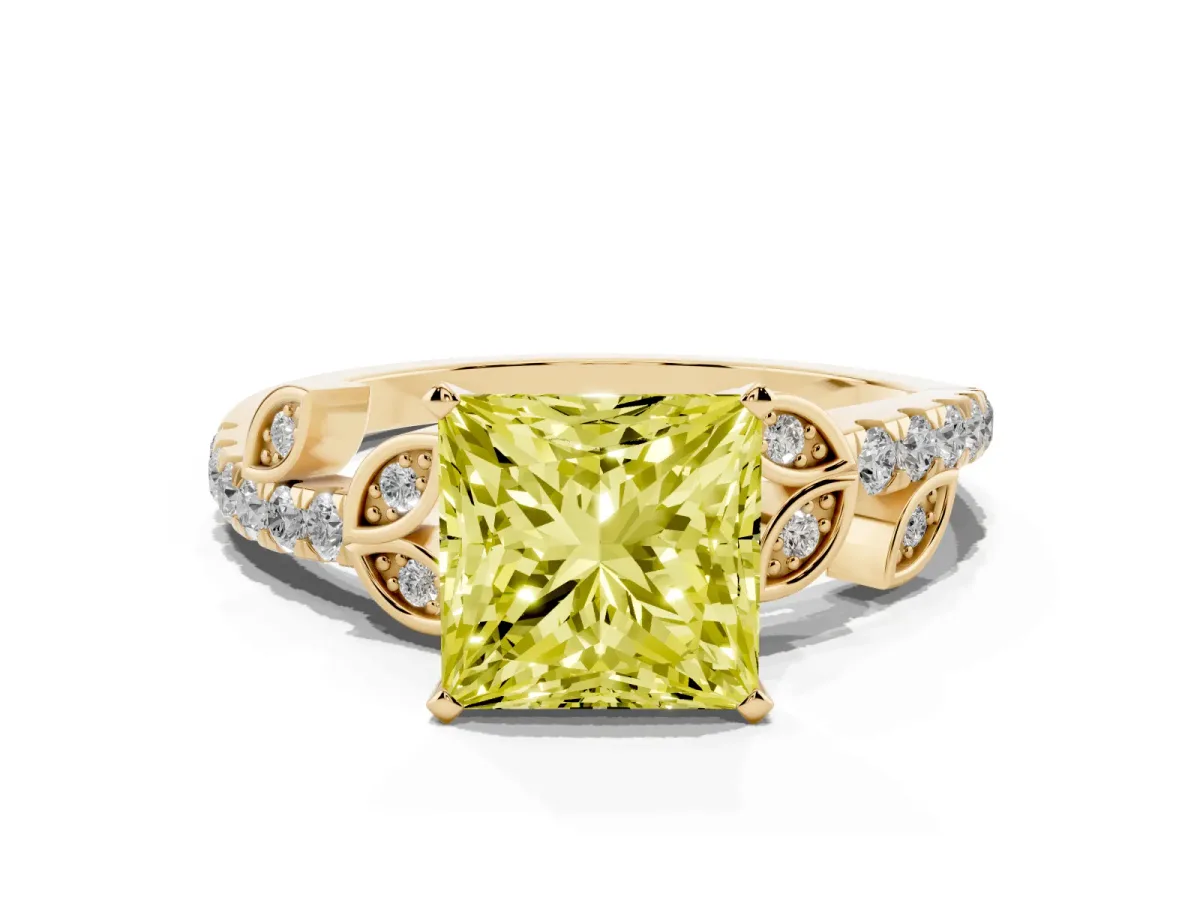 Fancy Yellow Princess Cut Solitaire Leaf-Inspired Diamond Ring with Pavé Band and Four-Prong Setting Yellow gold