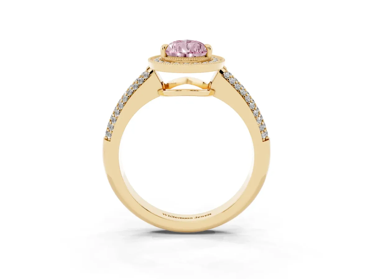 Fancy Pink Pear Cut Cut Halo Diamond Pave Band with Four-Prong Setting Yellow gold
