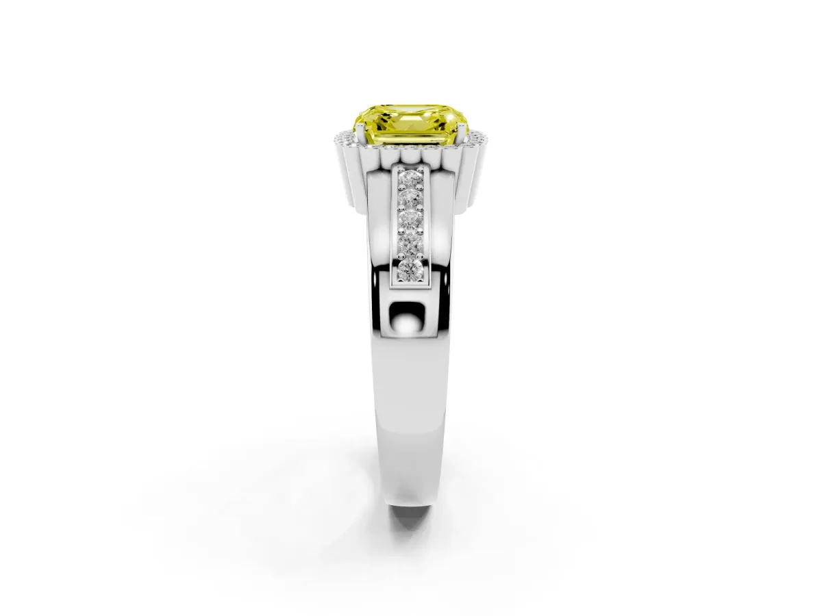 Fancy Yellow Asscher Cut Cut Halo Pave Band Four-Prong Ring Platinum