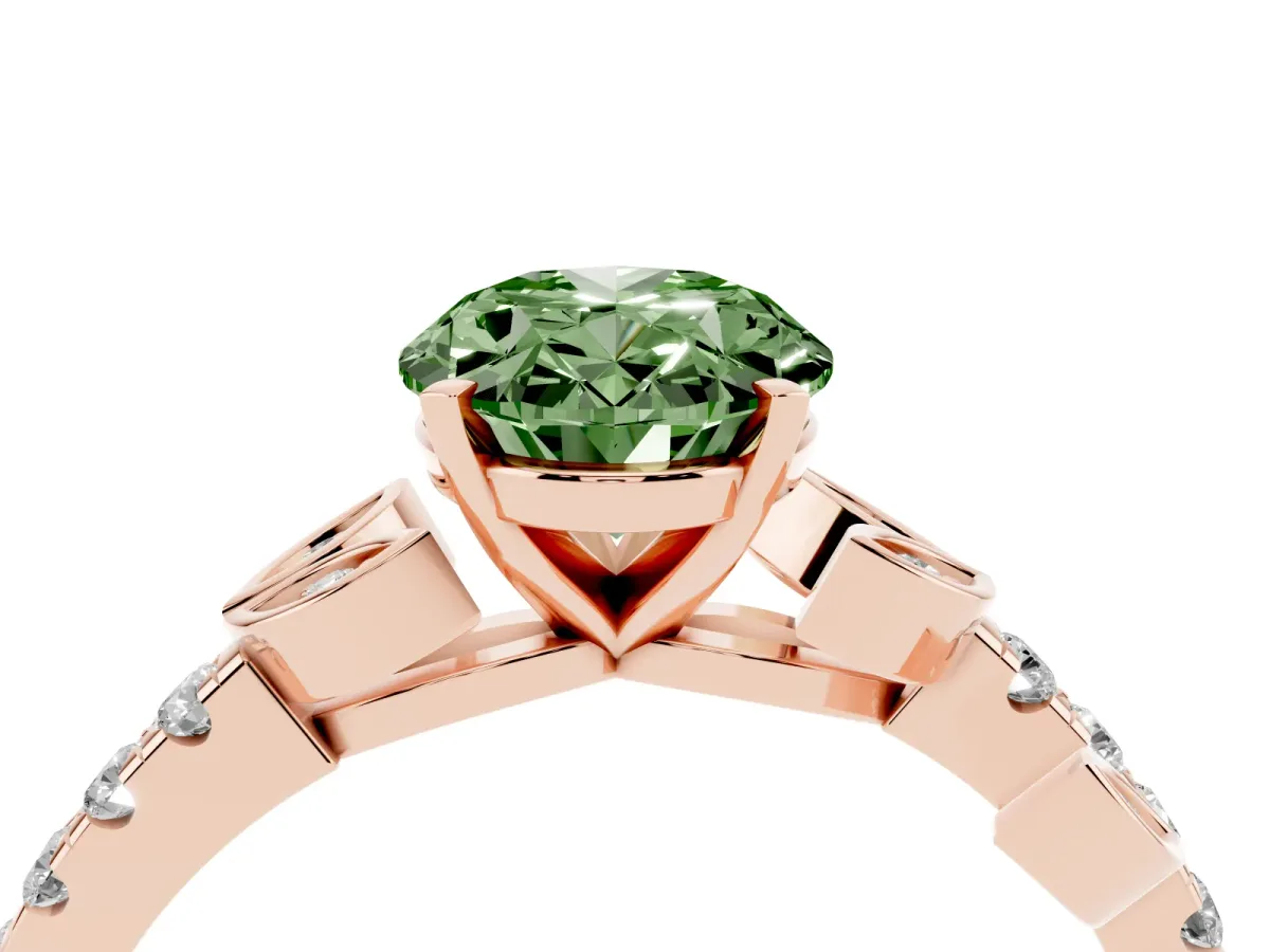 Fancy Green Oval Cut Solitaire Leaf-Inspired Diamond Ring with Pavé Band and Four-Prong Setting Rose gold