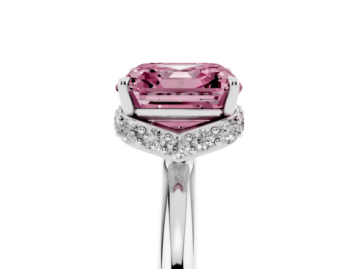 Fancy Pink Asscher Cut Brilliant Solitaire Engagement Ring with Six-Prong Setting and Classic Band Silver