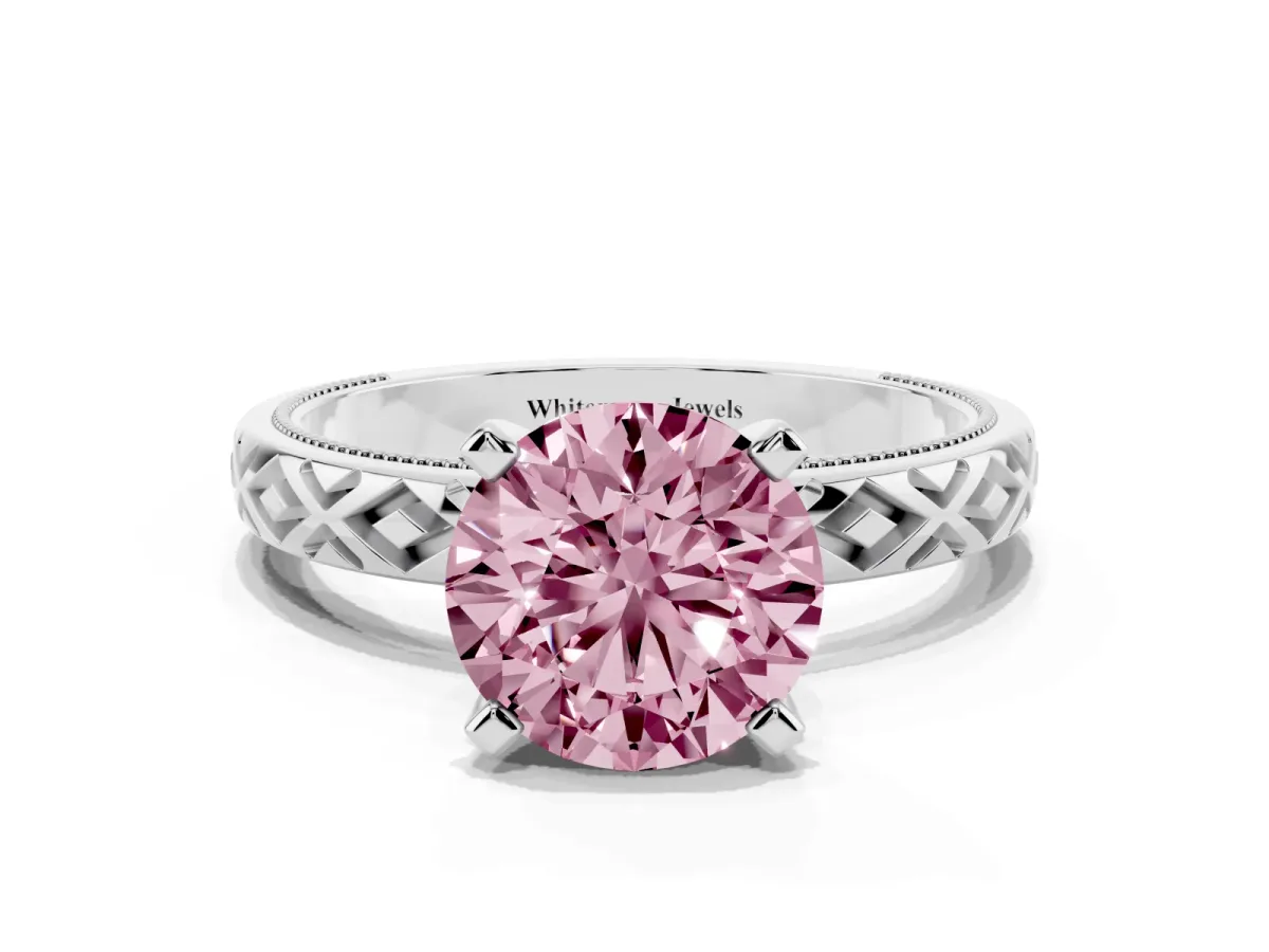 Fancy Pink Round Cut Solitaire Diamond Ring with Milgrain and Black Enamel X Pattern Band Silver