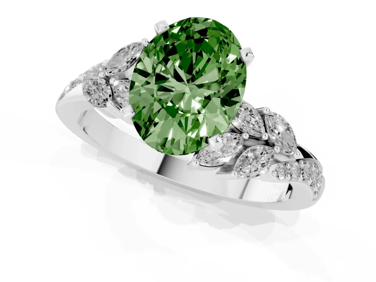 Fancy Green Oval Cut Solitaire Marquise Twist Band with Six-Prong Setting Silver