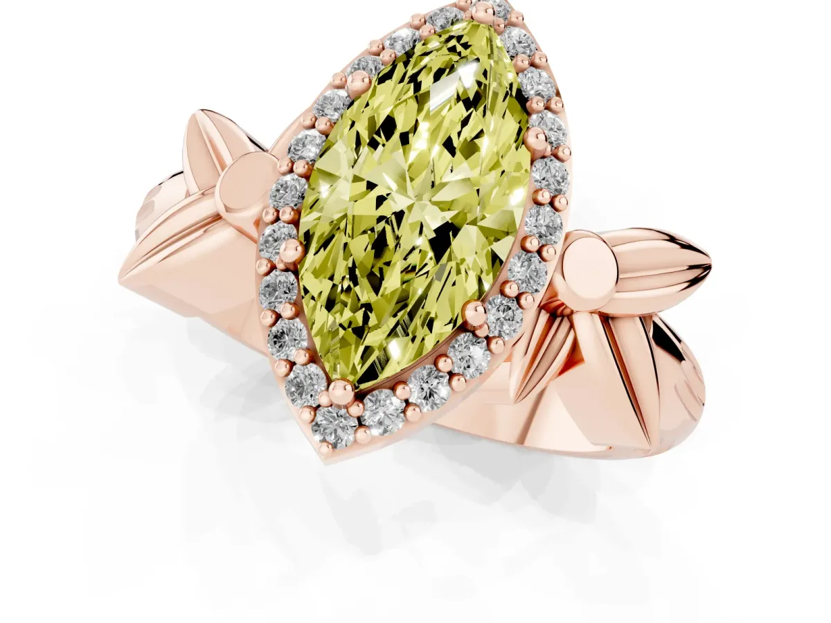 Fancy Yellow Marquise Cut Halo Diamond Floral Band with Four-Prong Setting Rose gold