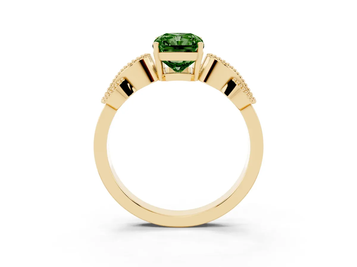 Fancy Green Radiant Cut Solitaire Milgrain Leaf Band with Prong Setting Yellow gold