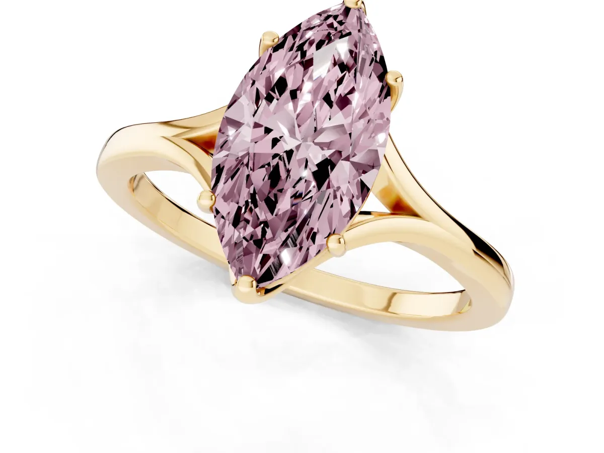 Fancy Pink Marquise Cut Solitaire Diamond Ring with Six-Prong Setting and Tapered Band Yellow gold