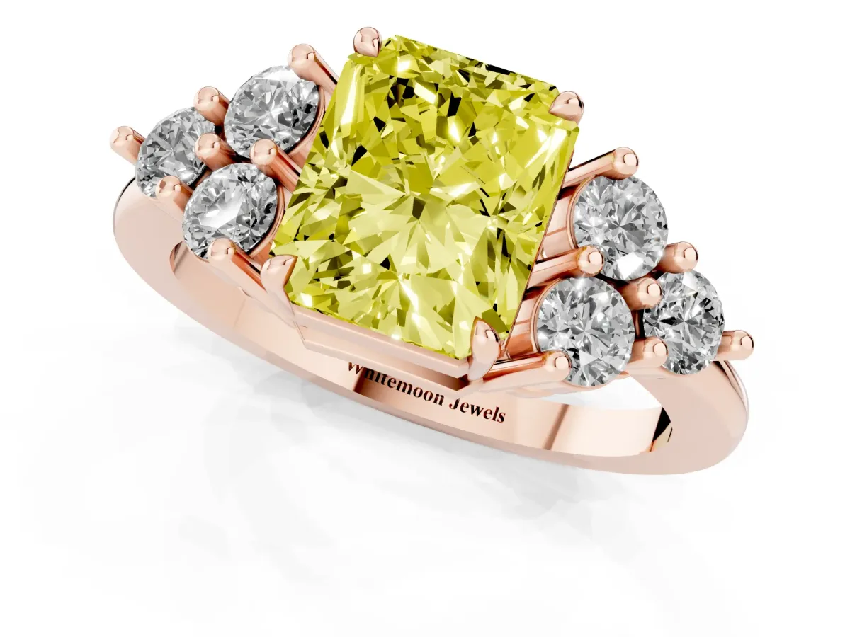 Fancy Yellow Radiant Cut Brilliant Diamond Cluster Accent Solitaire Ring with Prong Setting Rose gold