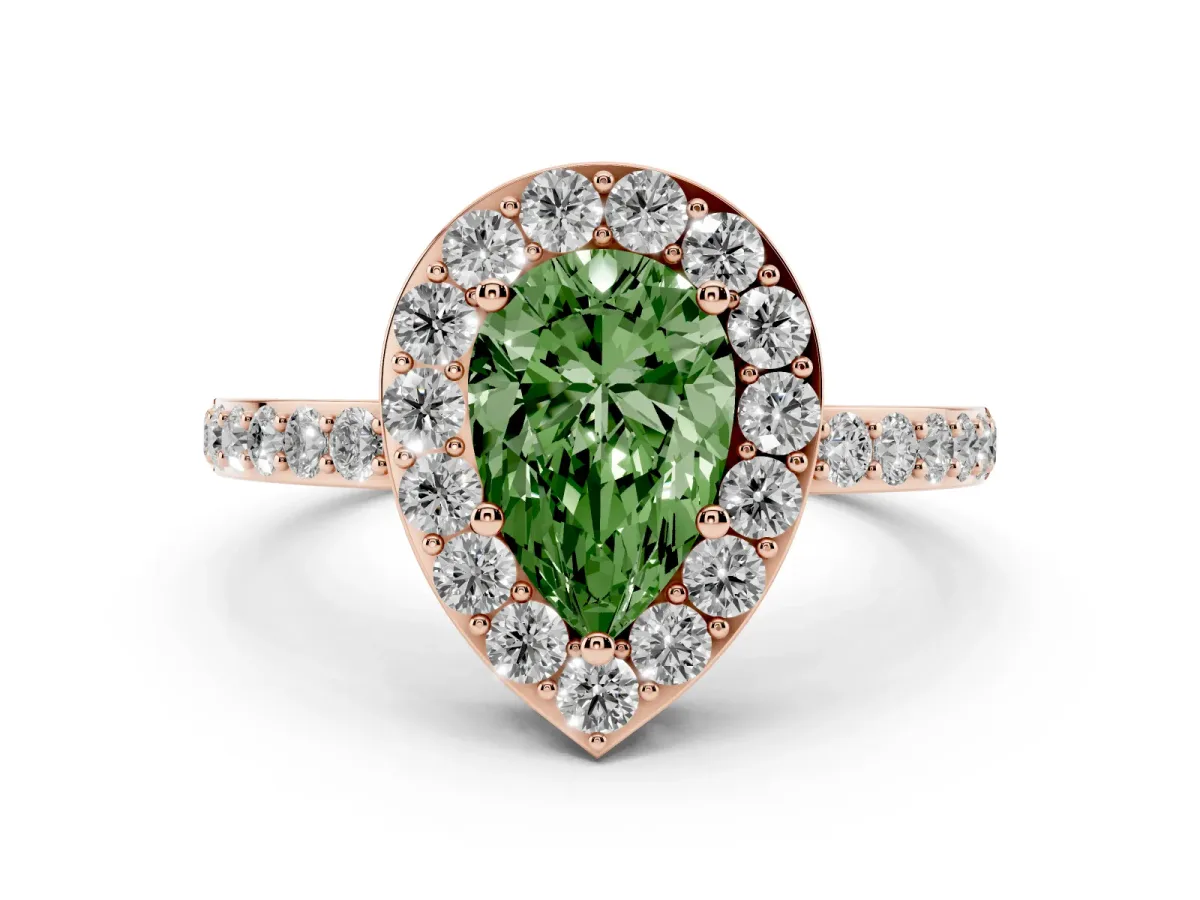 Fancy Green Pear Cut Halo Diamond Pavé Band Ring with Prong Setting Rose gold