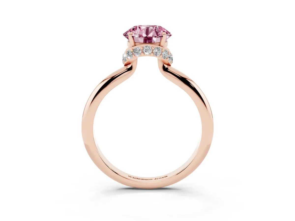 Fancy Pink Round Cut Brilliant Solitaire Engagement Ring with Six-Prong Setting and Classic Band Rose gold