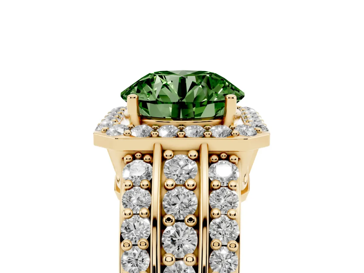 Fancy Green Round Cut Halo Diamond Ring with Round Split Shank and Prong Setting Yellow gold