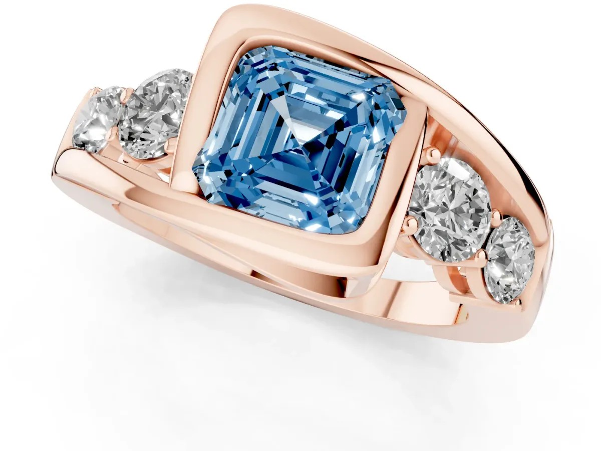 Fancy Blue Bezel Set Asscher Cut Diamond Bypass Ring with Round Accents Rose gold