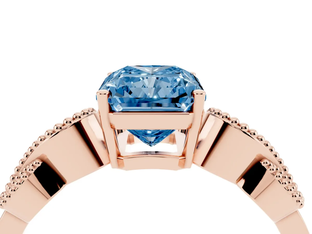 Fancy Blue Radiant Cut Solitaire Milgrain Leaf Band with Prong Setting Rose gold