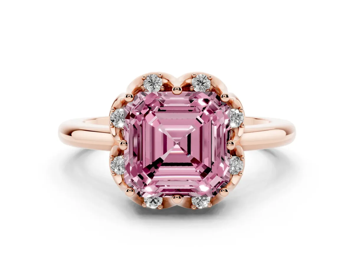 Fancy Pink Asscher Cut Halo Diamond Ring with Round Cluster Setting, Solitaire Band, and Four-Prong Setting Rose gold