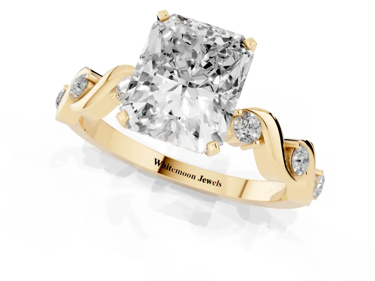 Radiant Cut Diamond Solitaire Twisted Band with Round Accents and Prong Setting Yellow gold