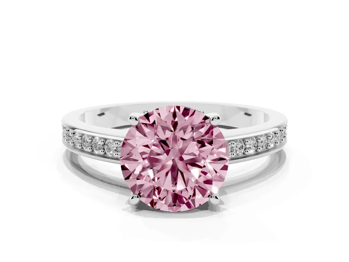 Fancy Pink Round Cut Solitaire Pavé Band Prong Setting Ring Silver