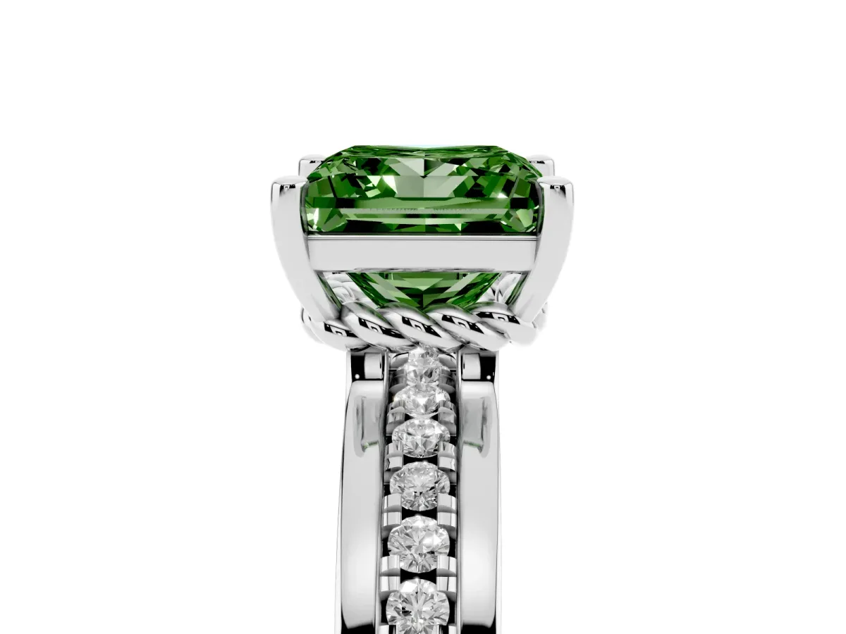 Fancy Green Princess Cut Solitaire Diamond Ring with Channel Set Band and Six-Prong Setting Silver