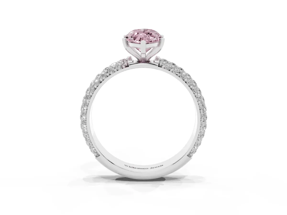Fancy Pink Marquise Cut Diamond Solitaire Ring with Prong Setting and Pavé Band Silver