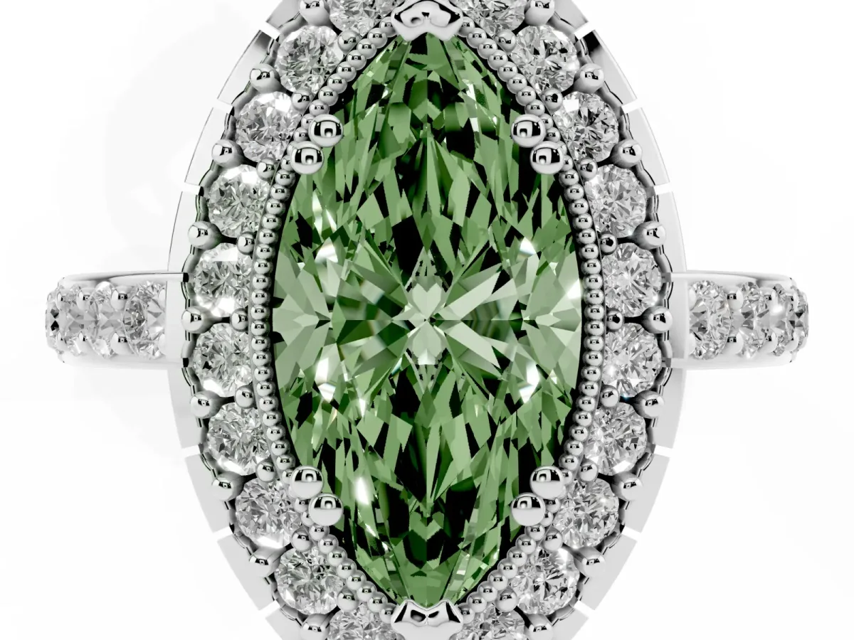Fancy Green Marquise Cut Diamond Halo Ring with Pavé Band and Prong Setting White gold