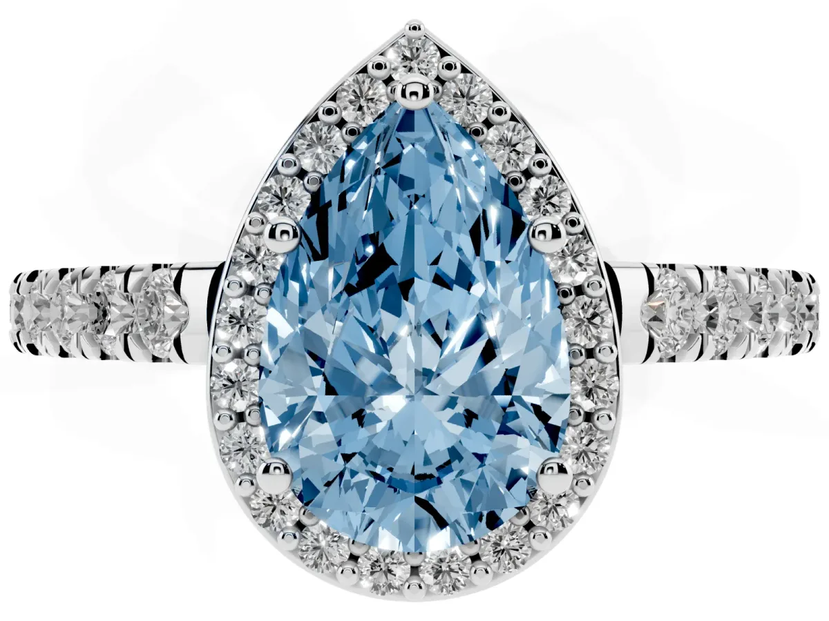 Fancy Blue Pear Cut Cut Halo Diamond Engagement Ring with Pave Band and Four-Prong Setting Platinum