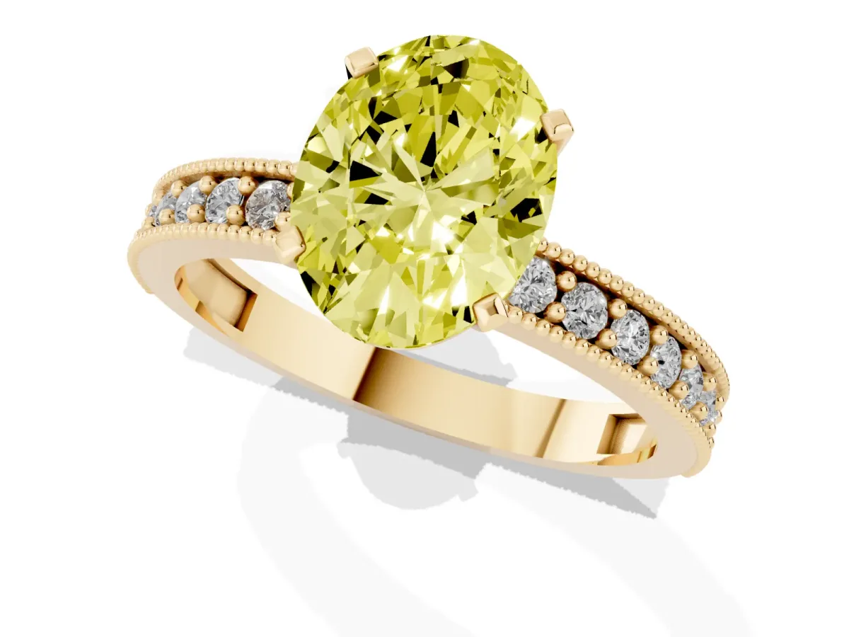 Fancy Yellow Oval Cut Diamond Milgrain Pavé Engagement Ring with Four-Prong Setting Yellow gold