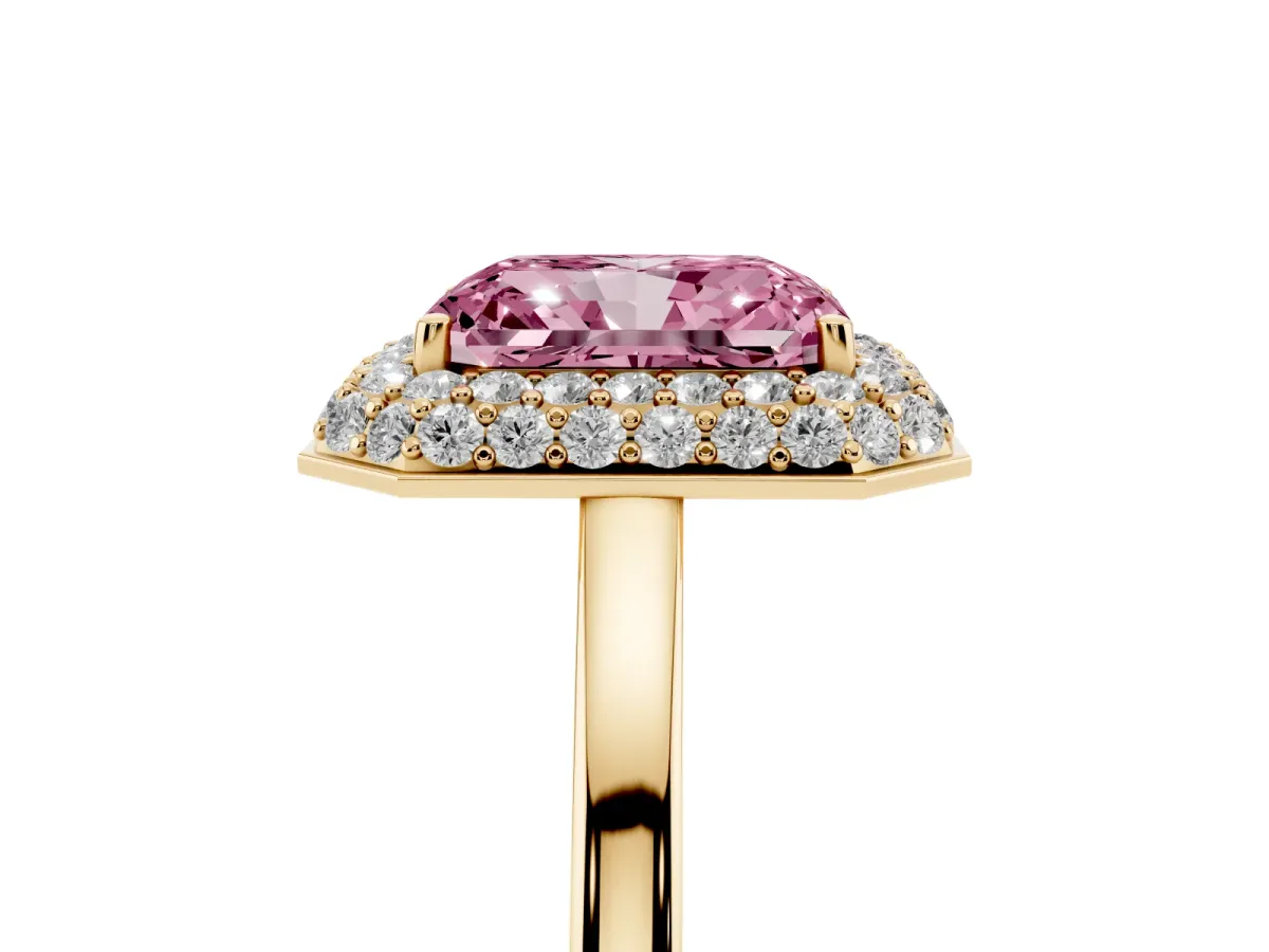 Fancy Pink Radiant Cut Halo Diamond Engagement Ring with Solitaire Band and Four-Prong Setting Yellow gold