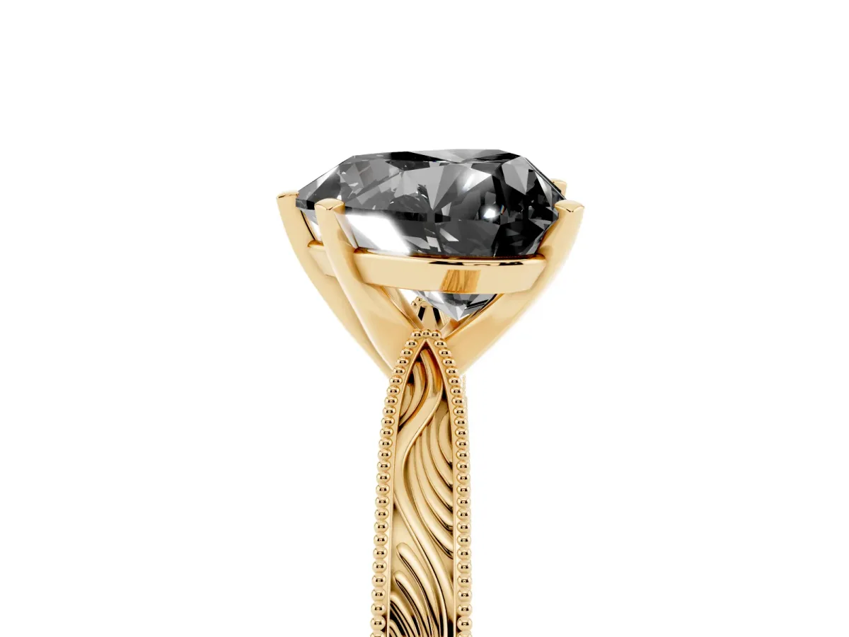Fancy Black Heart Cut Solitaire Milgrain Engraved Band with Four-Prong Setting Yellow gold