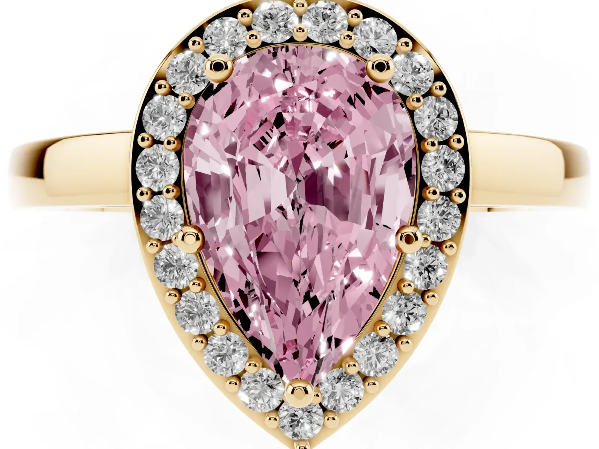 Fancy Pink Pear Cut Halo Diamond Ring with Solitaire Band and Prong Setting Yellow gold