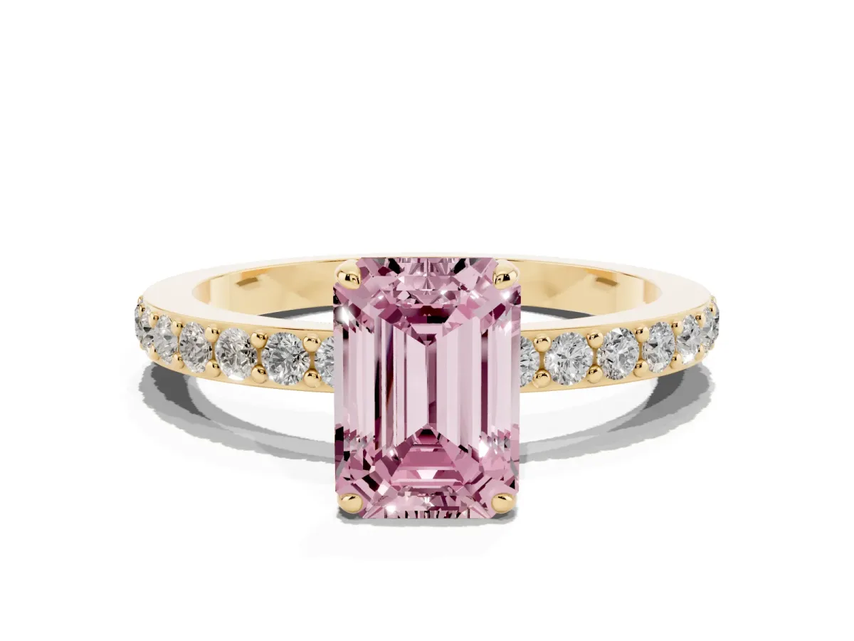 Fancy Pink Emerald Cut Diamond Solitaire Engagement Ring with Pavé Band and Four-Prong Setting Yellow gold