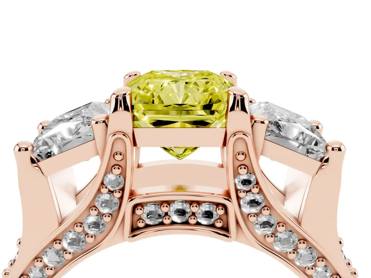 Fancy Yellow Radiant Cut Diamond Three-Stone Ring with Channel Set Band and Four-Prong Setting Rose gold