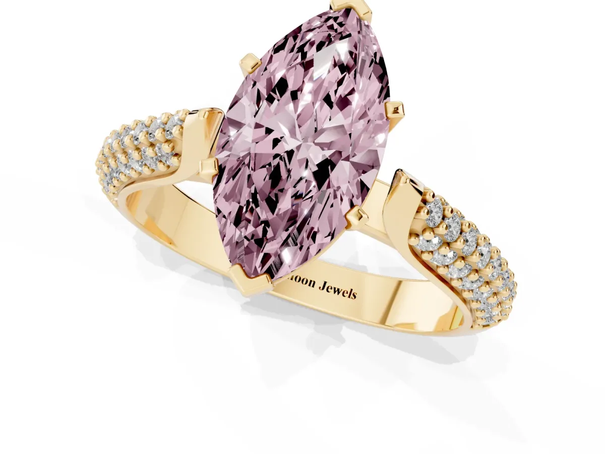 Fancy Pink Marquise Cut Diamond Solitaire Engagement Ring with Multi-Row Round Pavé Band and Prong Setting Yellow gold