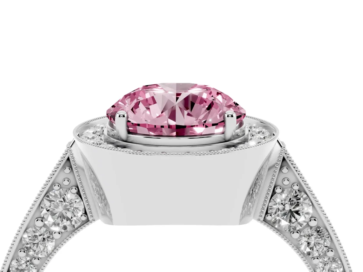 Fancy Pink Round Cut Halo Diamond Engagement Ring with Split Shank Band and Four-Prong Setting Silver