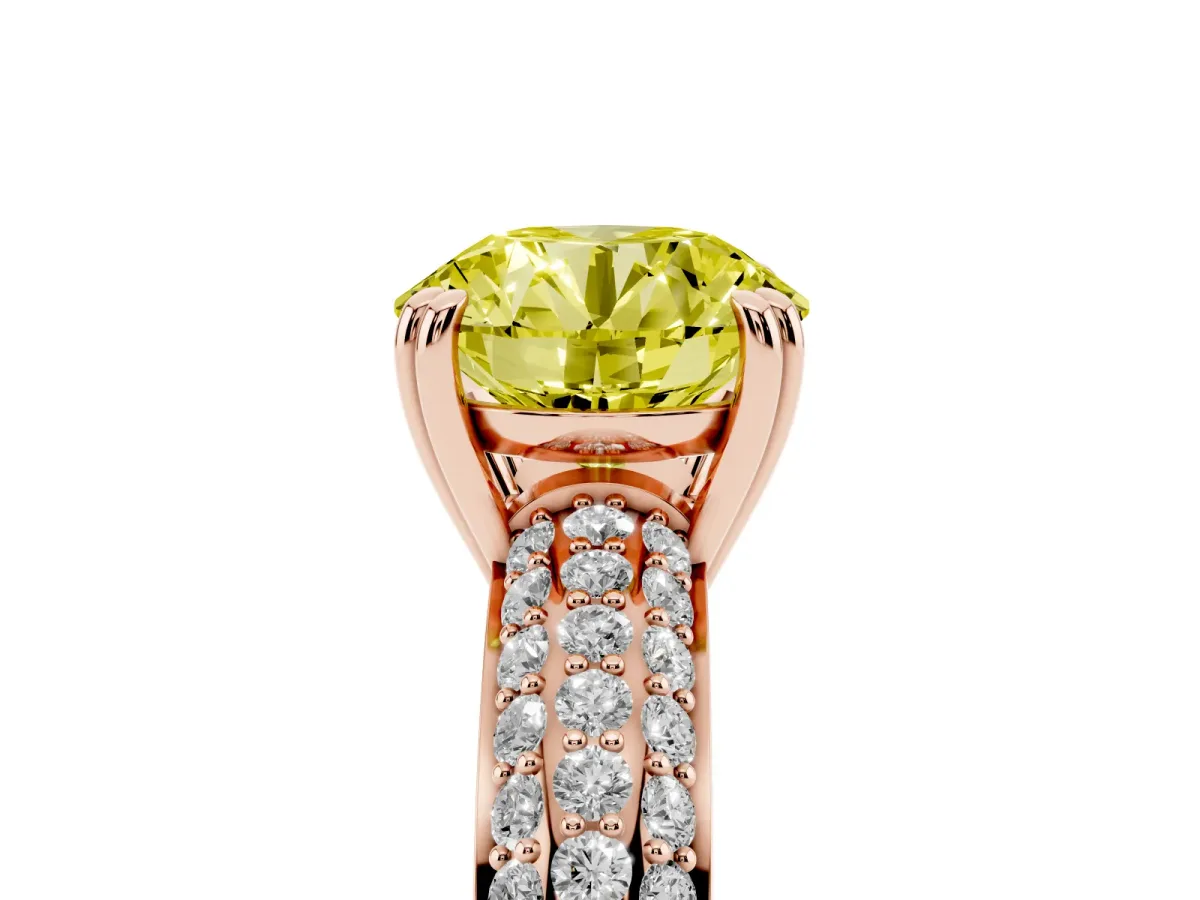 Fancy Yellow Round Cut Diamond Solitaire Ring with Multi-Row Round Pavé Band and Prong Setting Rose gold