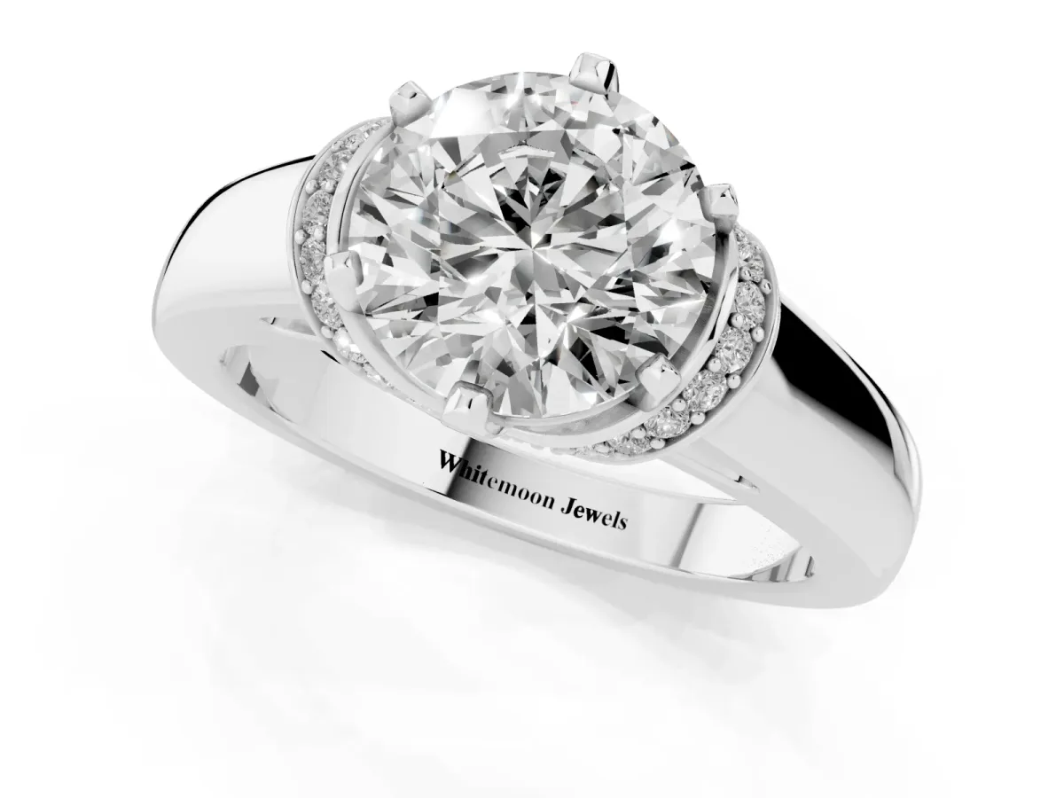 Round Cut Solitaire Diamond Ring with Pave Band and Six-Prong Setting Silver