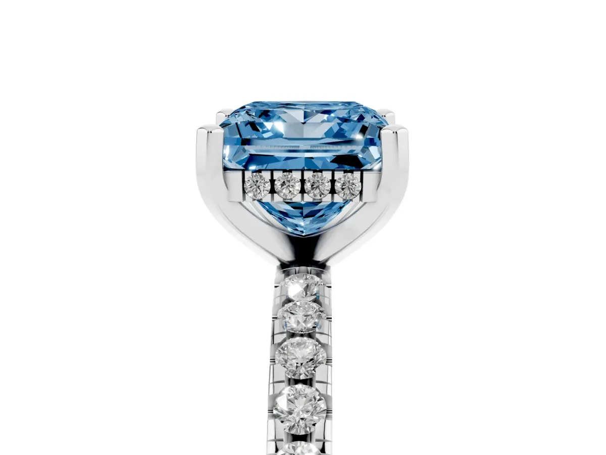 Fancy Blue Princess Cut Diamond Solitaire Ring with Round Pavé Band and Four-Prong Setting Silver